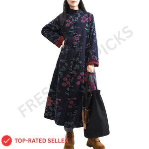 Vintage Floral Trench Coat Plus Size Cotton Linen Boho Long Jacket